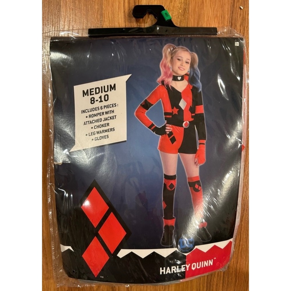 DC Comics Harley Quinn 6 Piece Costume Romper Set Red Black Kids Medium 8-10 NEW